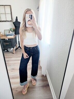 RISEN Deep Dark Wash Wide Leg Jeans Rolled Cuffed Classic Various NEW